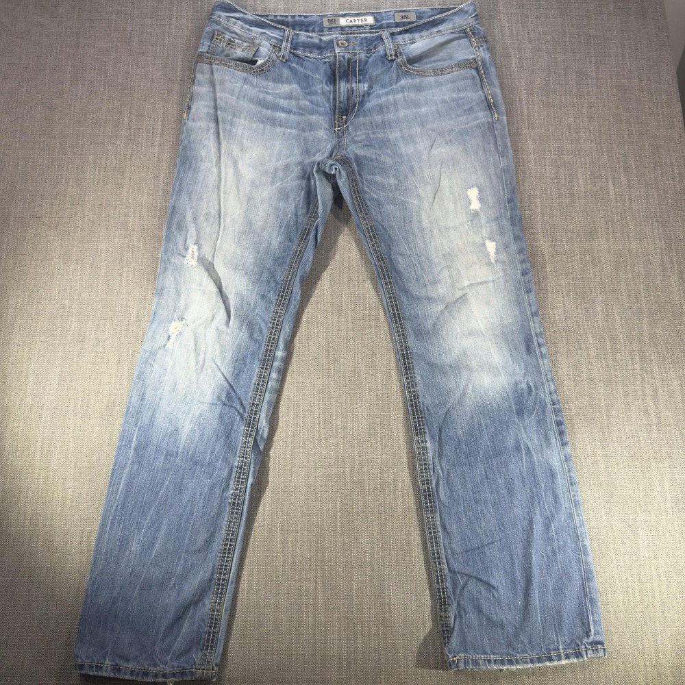 BKE Carter Jeans Mens 38x34 Blue Straight Leg Distressed Denim Light Wash